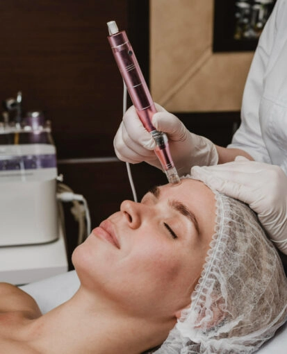 Microneedling treatment being performed on client’s forehead
