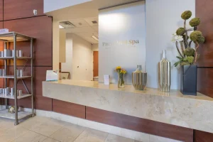 Reception desk with elegant decor at Parie Med Spa