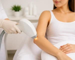 A woman receiving laser hair removal on her half arms in a serene, professional spa environment,