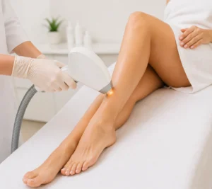 laser hair removal on her lower legs in a clean, modern spa setting with soft lighting,