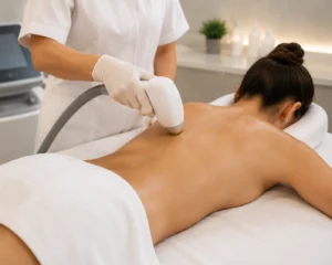 Patient lying face down on a spa bed while technician performs full back laser hair removal