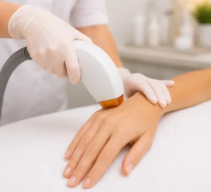 A close-up of a hand receiving laser hair removal treatment on the back of the hand and fingers in a clean spa setting.