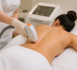 client receiving laser hair removal on the lower back in a clean, professional spa setting.