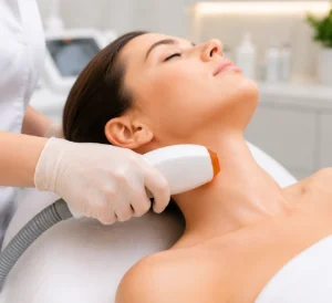 A woman receiving neck hair removal treatment with a handheld laser device in a modern, spa-like medical setting