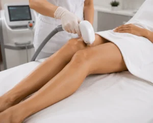 Technician performing laser hair removal on a patient’s upper legs