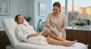 Laser hair removal treatment on the lower leg performed by a specialist at Parie Med Spa