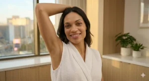 Client showing smooth underarms after professional laser hair removal at Parie Med spa