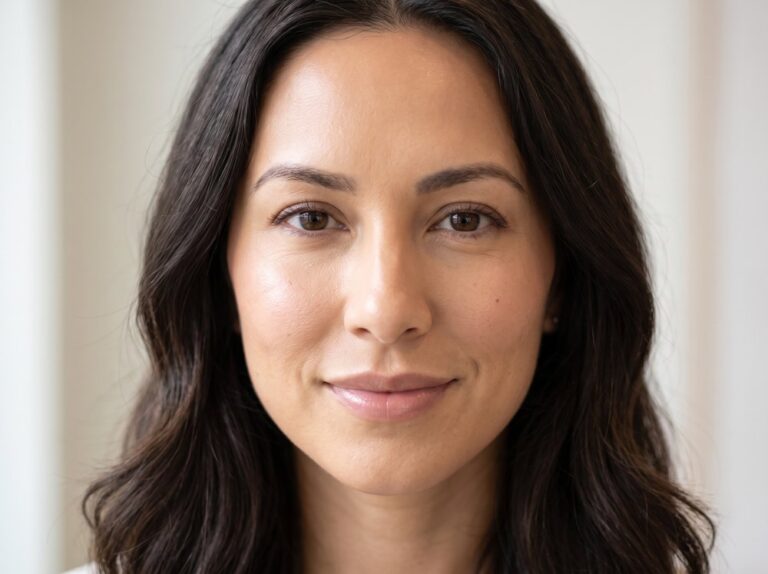 Close portrait of a woman's face in soft natural light, model image
