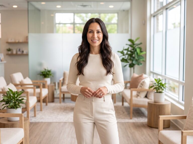 Woman standing in a sunlit spa lounge, model image for full body laser hair removal