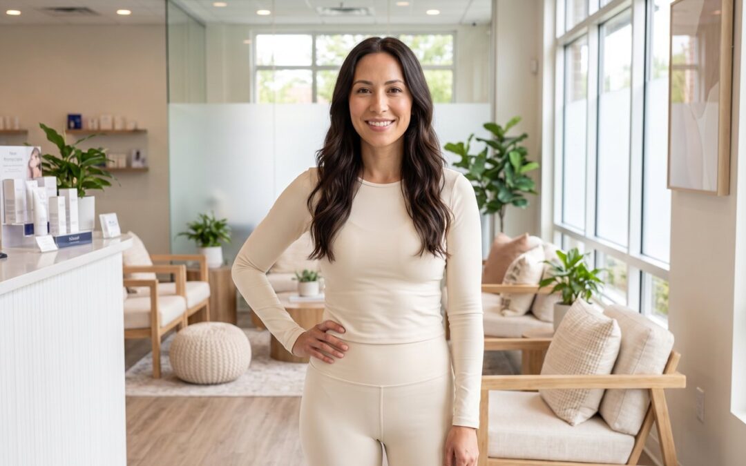 Woman in a cream outfit standing in a bright spa lounge, model image