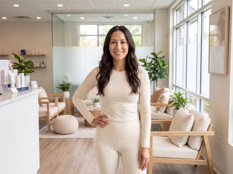 Woman in a cream outfit standing in a bright spa lounge, model image