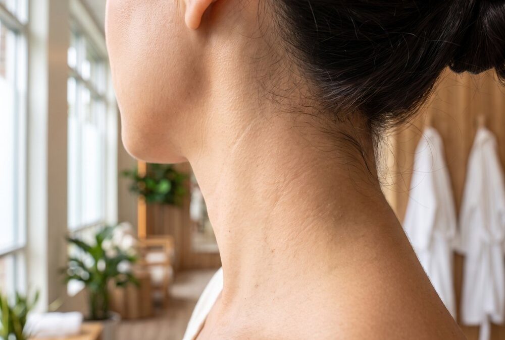 Close view of a woman's neck and shoulder in a bright spa room, model image