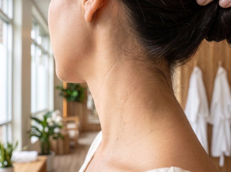 Close view of a woman's neck and shoulder in a bright spa room, model image