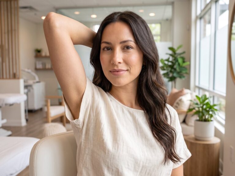 Woman raising one arm in a bright spa room, model image for underarm laser hair removal