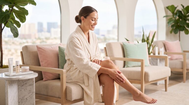 Woman relaxing in a robe in a sunlit spa lounge, model image for laser hair removal