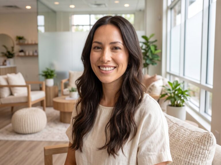 Smiling woman in a linen shirt in a bright spa lounge, model image