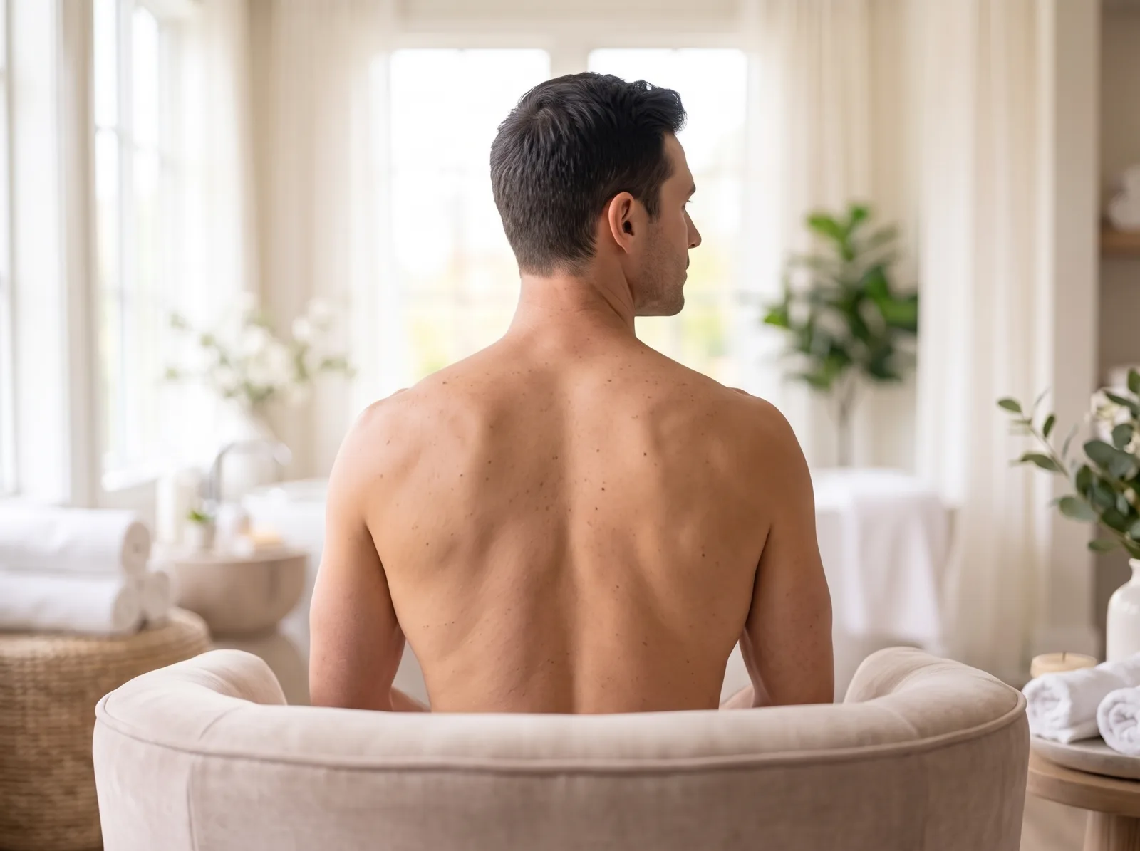 Man's bare upper back seated in a spa chair, model image for back laser hair removal