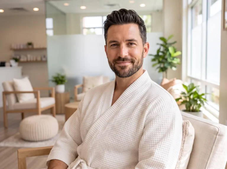 Man in a white spa robe relaxing in a bright lounge, model image for laser hair removal for men