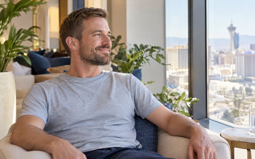 A man relaxing in a bright spa lounge chair, model image
