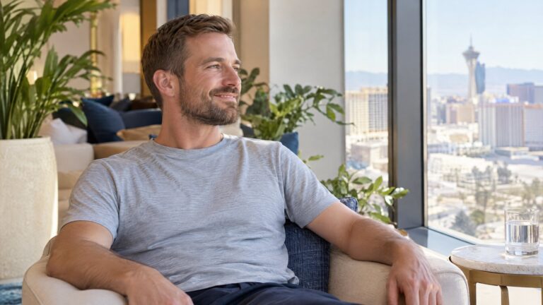 A man relaxing in a bright spa lounge chair, model image